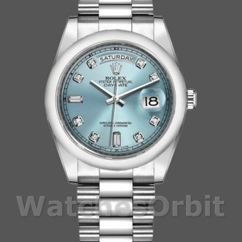 Replica Rolex Day-Date 36mm unisex-118206-IJsblauwe wijzerplaat-diamant-platina Ijsblauw