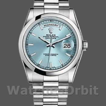 Replica Rolex Day-Date 36mm unisex-118206-IJsblauwe wijzerplaat-gepolijst platina ring Ijsblauw