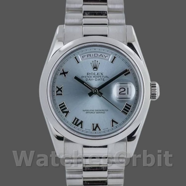 Replica Rolex Day-Date 36mm Unisex-118206-Platinum-Ice Blue Dial Ijsblauw