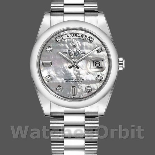 Replica Rolex Day-Date 36mm unisex-118206-platina-wit parelmoer-diamant wijzerplaat MOP