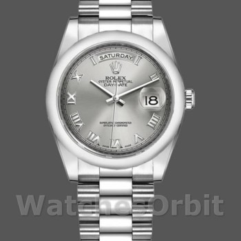 Replica Rolex Unisex's Day-Date 36mm Unisex-118206-Rhodium Grijze Wijzerplaat-Romeinse Cijfers