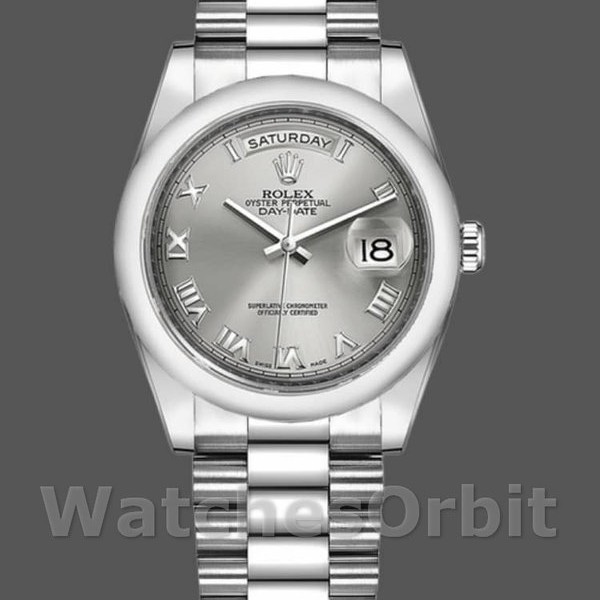 Replica Rolex Unisex's Day-Date 36mm Unisex-118206-Rhodium Grijze Wijzerplaat-Romeinse Cijfers