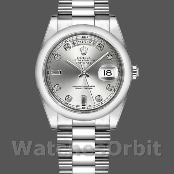 Replica Rolex Day-Date 36mm Unisex-118206-Zilver Diamanten Wijzerplaat-Platina Zilver