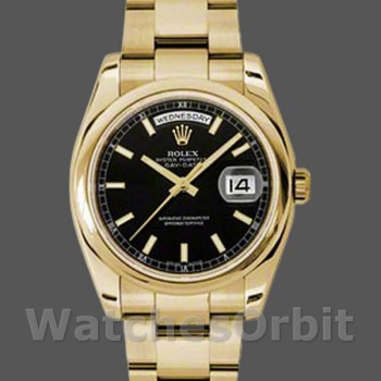 Replica Rolex Unisex's Day-Date 36mm Unisex-118208-Zwarte Arabische Wijzerplaat-Geel Goud Zwart