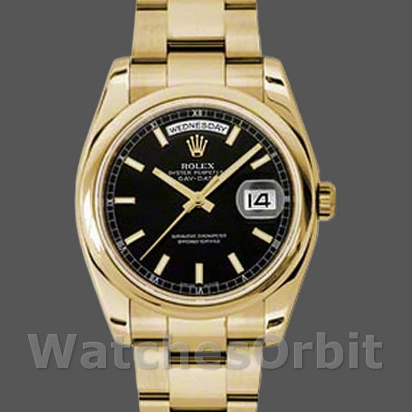 Replica Rolex Unisex's Day-Date 36mm Unisex-118208-Zwarte Arabische Wijzerplaat-Geel Goud Zwart