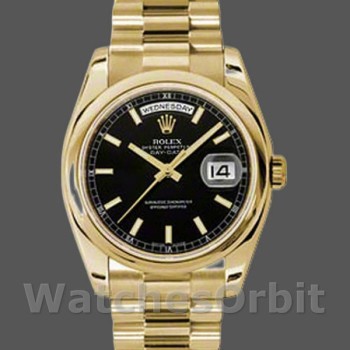 Replica Rolex Day-Date 36mm voor heren-118208-Zwarte wijzerplaat-Automatisch-Goud Zwart