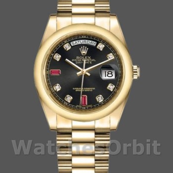 Replica Rolex Day-Date 36mm Unisex-118208-Zwart Diamond Dial Zwart