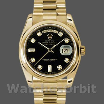 Replica Rolex Day-Date 36mm Unisex-118208-Zwart Diamond Dial Zwart