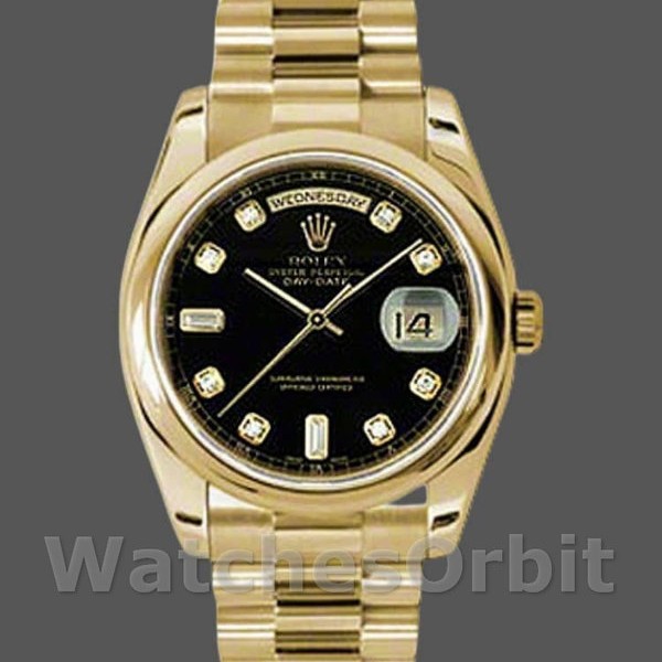 Replica Rolex Day-Date 36mm Unisex-118208-Zwart Diamond Dial Zwart