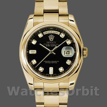 Replica Rolex Day-Date 36mm Unisex-118208-Zwarte Diamant Wijzerplaat-Geel Goud Zwart