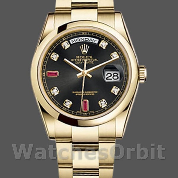 Replica Rolex Day-Date 36mm Unisex-118208-Zwarte Diamanten Wijzerplaat-Geelgouden Kast Zwart