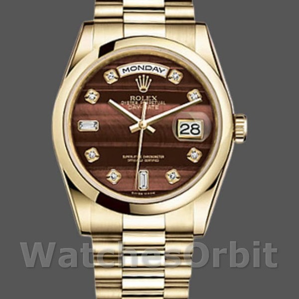 Replica Rolex Day-Date 36mm Unisex-118208-Bulls Eye-Diamonds Dial Bruin