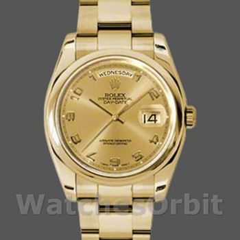 Replica Rolex Unisex's Day-Date 36mm Unisex-118208-Champagne wijzerplaat-Arabische cijfers Uurmarkeringen-Geel Goud Champagne