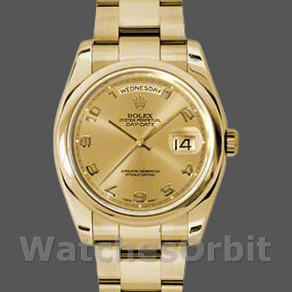 Replica Rolex Unisex's Day-Date 36mm Unisex-118208-Champagne wijzerplaat-Arabische cijfers Uurmarkeringen-Geel Goud Champagne