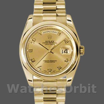 Replica Rolex Unisex's Day-Date 36mm Unisex-118208-Champagne wijzerplaat-Arabische cijfers Uurmarkeringen-Geel Goud Champagne