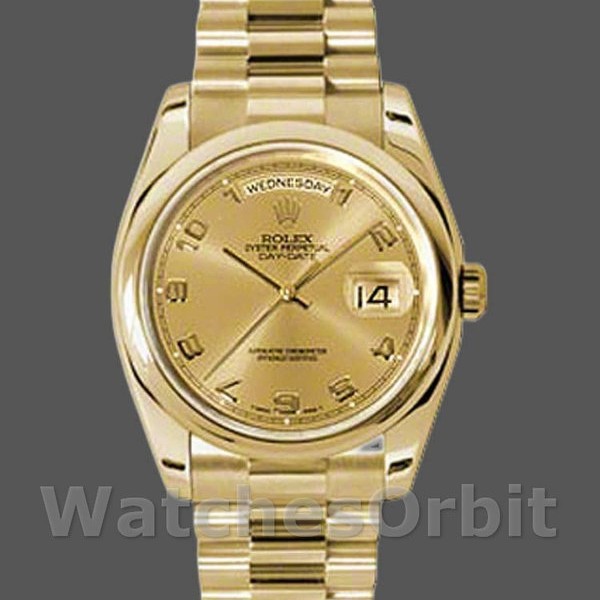 Replica Rolex Unisex's Day-Date 36mm Unisex-118208-Champagne wijzerplaat-Arabische cijfers Uurmarkeringen-Geel Goud Champagne