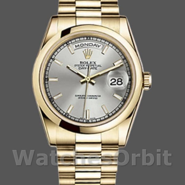 Replica Rolex Unisex's Day-Date 36mm Unisex-118208-Zilveren Dial-Domed Bezel Zilver