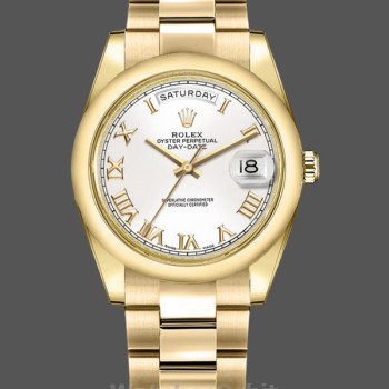 Replica Rolex Day-Date 36mm Unisex-118208-Witte Romeinse Wijzerplaat-Romeinse Cijfers Wit