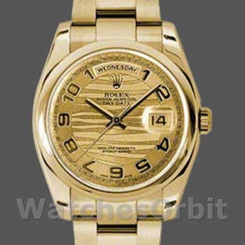 Replica Rolex Day-Date 36mm voor heren-118208 Geelgoud-Arabisch cijfer Golf-Kampagne wijzerplaat Champagne