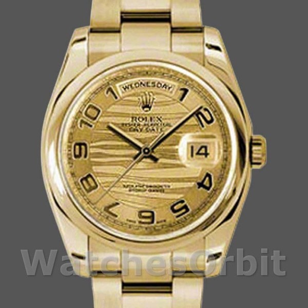 Replica Rolex Day-Date 36mm voor heren-118208 Geelgoud-Arabisch cijfer Golf-Kampagne wijzerplaat Champagne