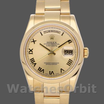 Replica Rolex Day-Date 36mm unisex-118208 Geelgoud-Kampagne Wijzerplaat-Romeinse Cijfers Champagne