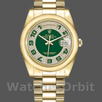 Replica Rolex Day-Date 36mm Unisex-118208 Geelgoud-Groen Diamant Geplaveid-Arabische Wijzerplaat Groen