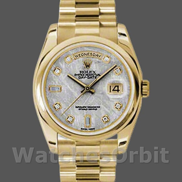 Replica Rolex Day-Date 36mm unisex-118208-geel goud-metoriet grijs met diamant wijzerplaat