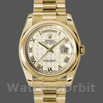 Replica Rolex Day-Date 36mm unisex-118208 Geelgoud-Rijns cijfer Piramide-Ivoor wijzerplaat Ivoor