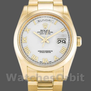 Replica Rolex Day-Date 36mm voor heren-118208 Geelgoud-Witte wijzerplaat-Roomcijfer Wit