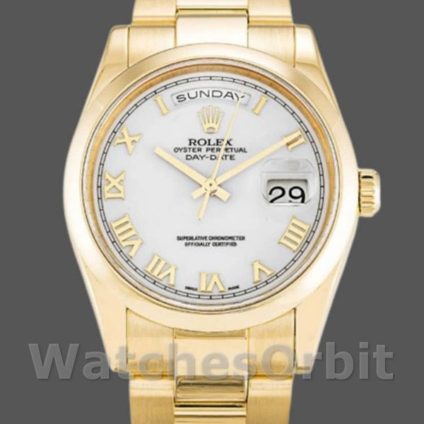 Replica Rolex Day-Date 36mm voor heren-118208 Geelgoud-Witte wijzerplaat-Roomcijfer Wit