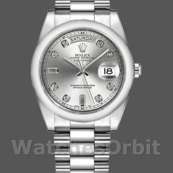 Replica Rolex Day-Date 36mm Unisex-118209-Witgoud-Zilver Diamanten Wijzerplaat-Automatisch Zilver