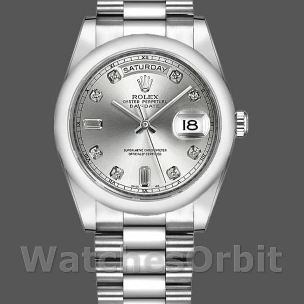 Replica Rolex Day-Date 36mm Unisex-118209-Witgoud-Zilver Diamanten Wijzerplaat-Automatisch Zilver