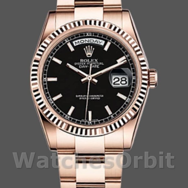 Replica Rolex Day-Date 36mm Unisex-118235-Zwarte wijzerplaat-Gefleerde lunette Zwart