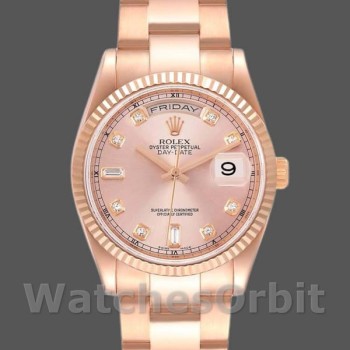 Replica Rolex Day-Date 36mm voor dames-118235-Evergoud-Roze Diamanten Wijzerplaat