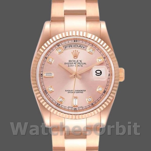 Replica Rolex Day-Date 36mm voor dames-118235-Evergoud-Roze Diamanten Wijzerplaat