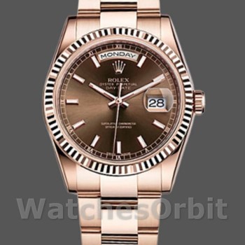 Replica Rolex Day-Date 36mm Unisex-118235 Geribbelde lunette-Cocolade Wijzerplaat Chocolade
