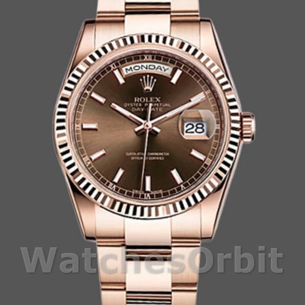 Replica Rolex Day-Date 36mm Unisex-118235 Geribbelde lunette-Cocolade Wijzerplaat Chocolade