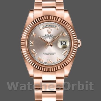 Replica Rolex Day-Date 36mm Dames-118235-Roze Romeinse cijfers Wijzerplaat-Geflutste Ring Roze