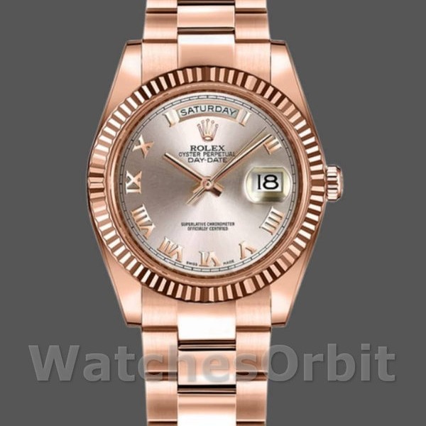 Replica Rolex Day-Date 36mm Dames-118235-Roze Romeinse cijfers Wijzerplaat-Geflutste Ring Roze