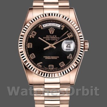 Replica Rolex Day-Date 36mm unisex-118235-Rose Gold-Black Arabic Dial Zwart