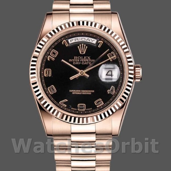 Replica Rolex Day-Date 36mm unisex-118235-Rose Gold-Black Arabic Dial Zwart