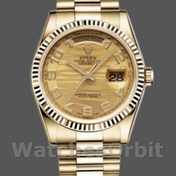 Replica Rolex Day-Date 36mm Unisex-118238-Arabische-cijferige Golf-Kampagne Wijzerplaat-Geel Goud