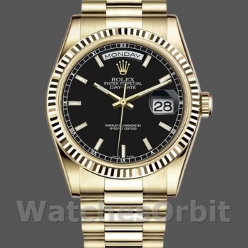 Replica Rolex Day-Date 36mm Heren-118238-Zwarte Wijzerplaat-Roestvrij Staal Zwart