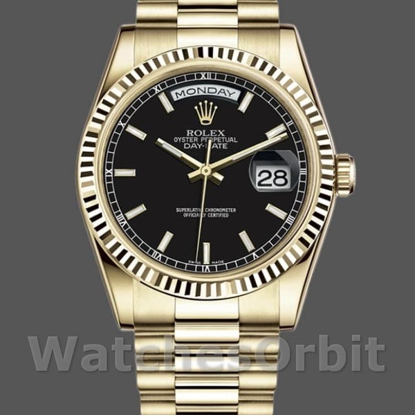 Replica Rolex Day-Date 36mm Heren-118238-Zwarte Wijzerplaat-Roestvrij Staal Zwart