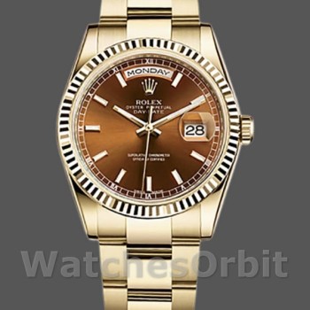 Replica Rolex Day-Date 36mm Unisex-118238-Index Cognac Dial-Fluted Bezel <span style=
