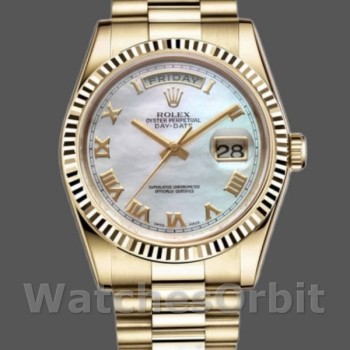 Replica Rolex Day-Date 36mm Unisex-118238-White Mother of Pearl-Roman Dial MOP