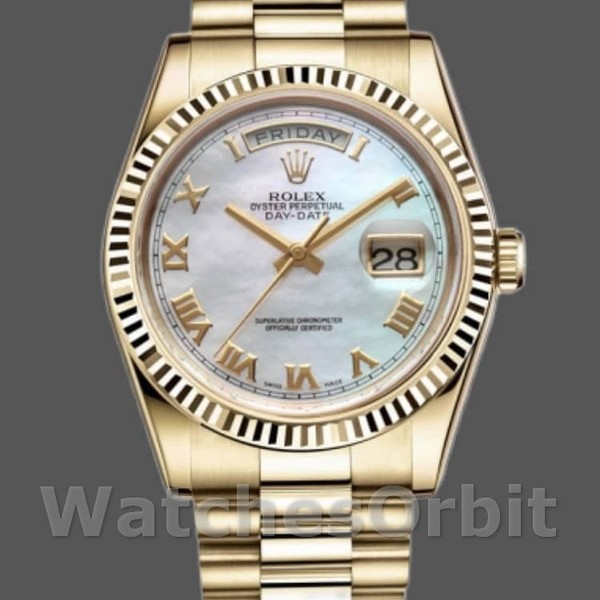 Replica Rolex Day-Date 36mm Unisex-118238-White Mother of Pearl-Roman Dial MOP