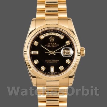 Replica Rolex Day-Date 36mm Heren-118238 Geelgoud-Zwarte Diamanten Wijzerplaat Zwart