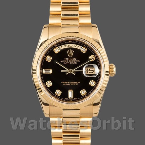 Replica Rolex Day-Date 36mm Heren-118238 Geelgoud-Zwarte Diamanten Wijzerplaat Zwart