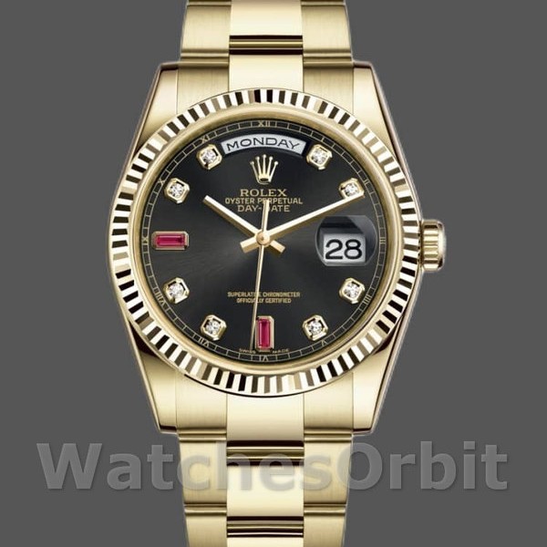 Replica Rolex Day-Date 36mm Heren-118238 Geelgoud-Zwarte Diamant Wijzerplaat-Geflutste Ring Zwart